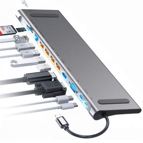 UP-DS-2502 | Docking Station USB-C 13 in 1, connessione a schermi HDMI VGA DP, RJ45, PD 87W, 4 porte USB3, audio e lettore di Card